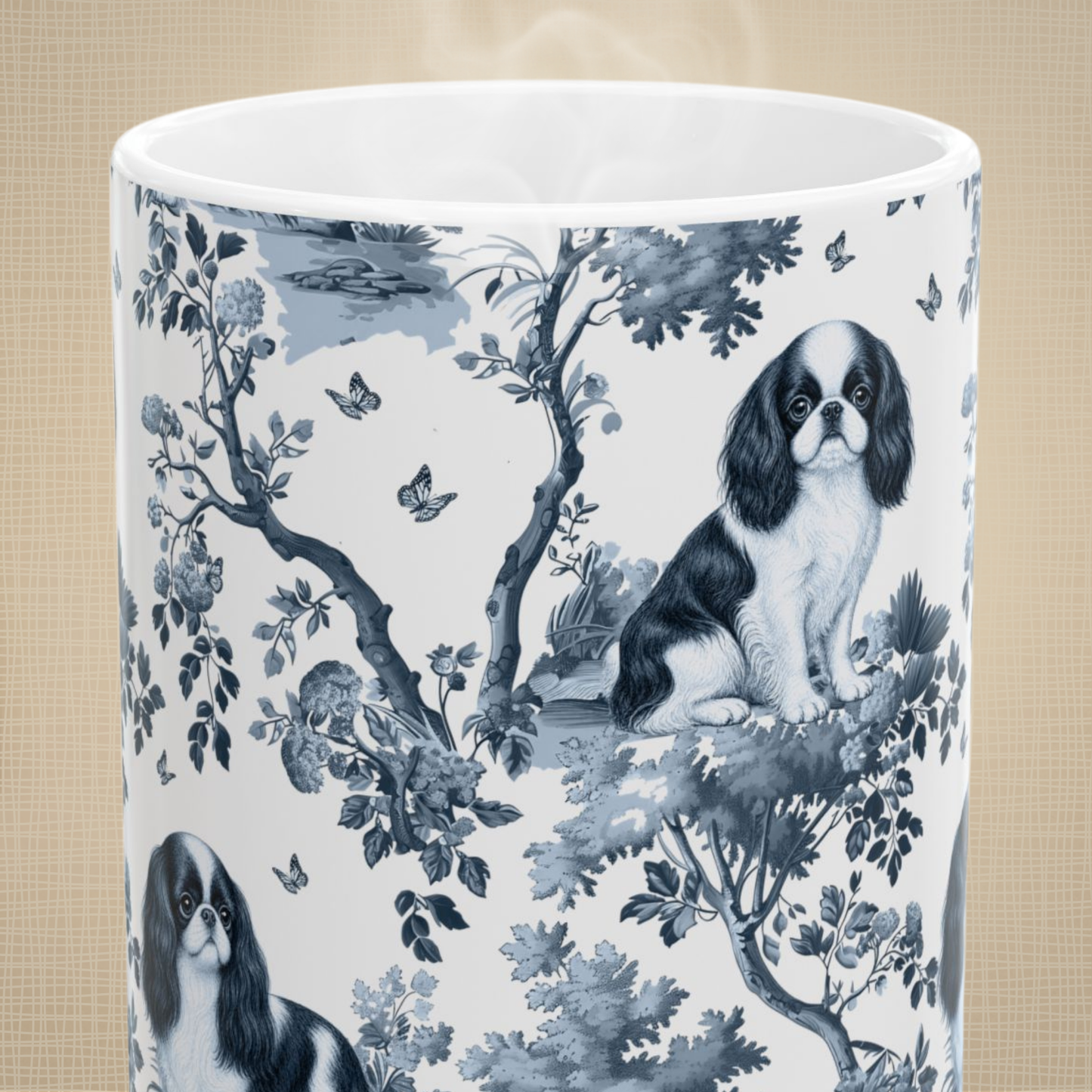 English Toy Spaniel blue toile white handle mug design shown close up