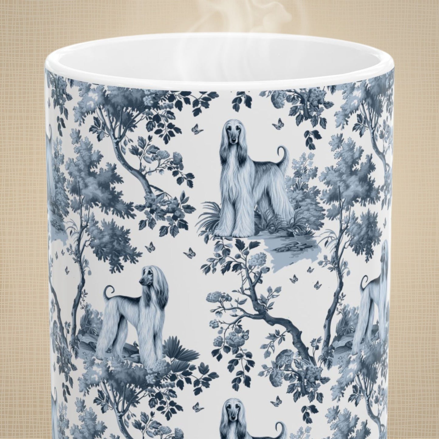 Close-up of the blue toile pattern on an Afghan Hound coffee mug