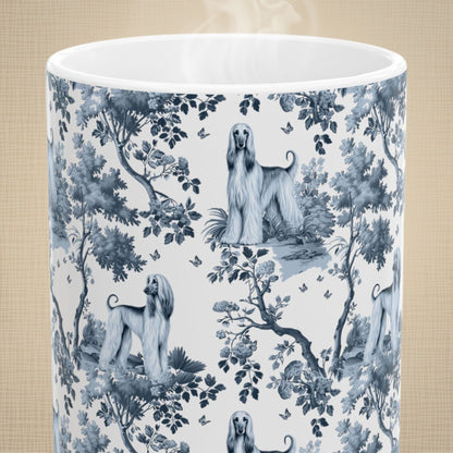 Close-up of the blue toile pattern on an Afghan Hound coffee mug