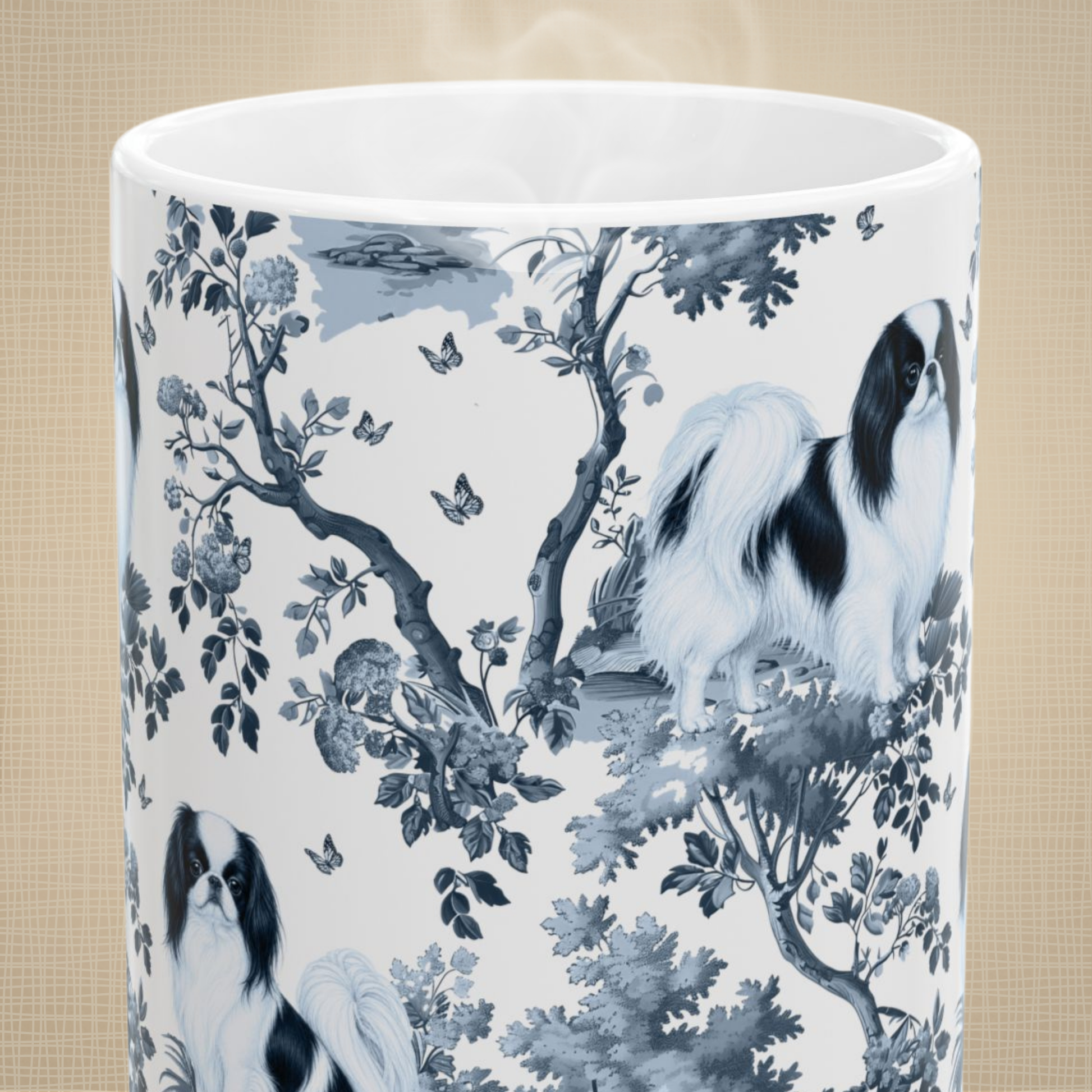 Smooth Fox Terrier blue toile white handle mug design shown close up