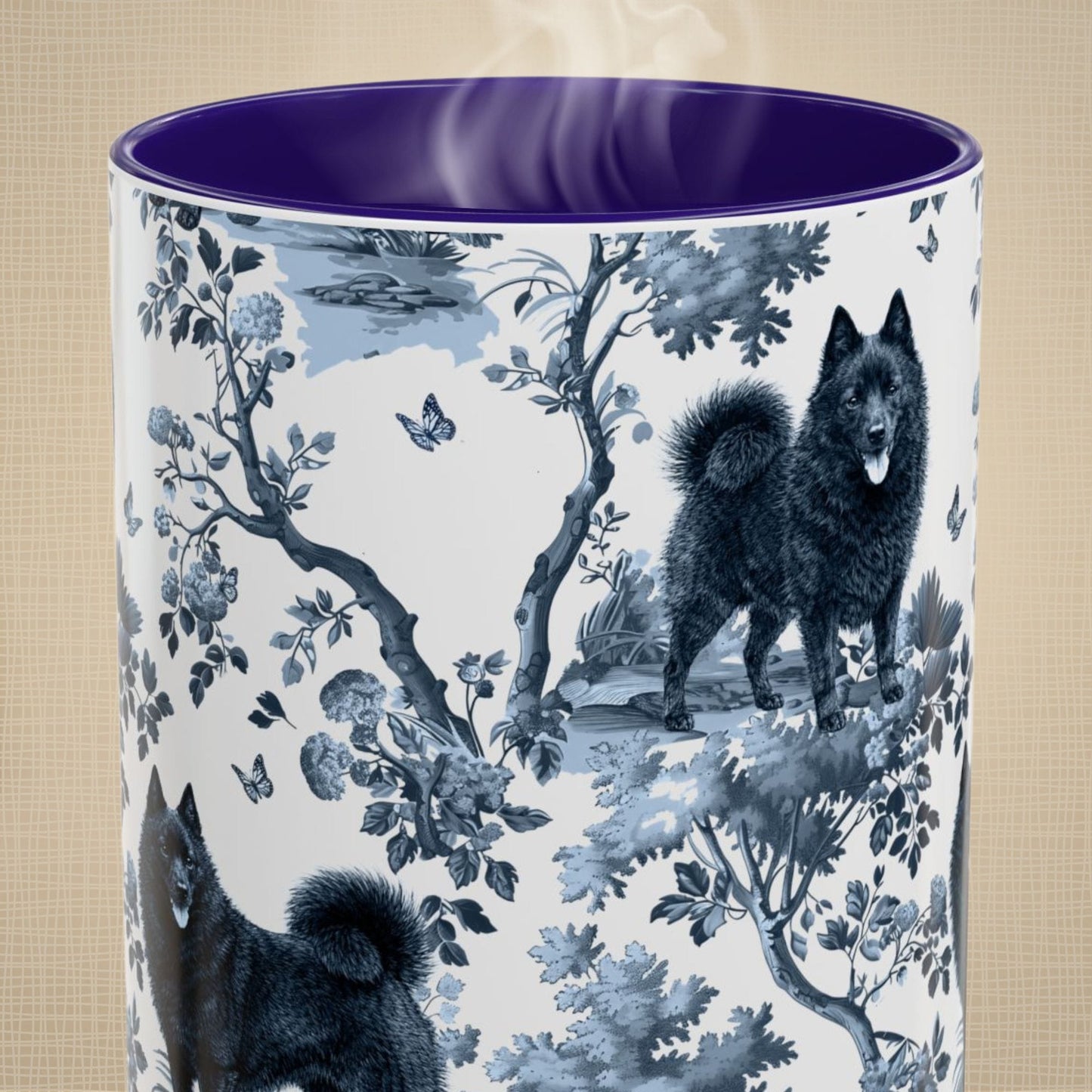 Close-up of the blue toile pattern on a Schipperke coffee mug