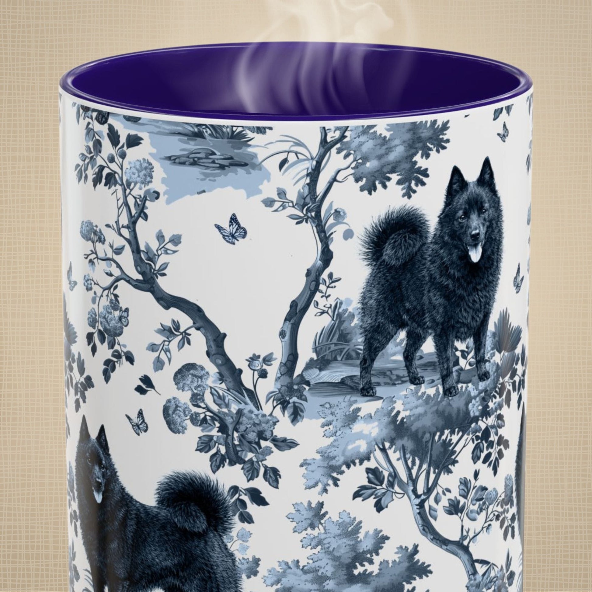 Close-up of the blue toile pattern on a Schipperke coffee mug
