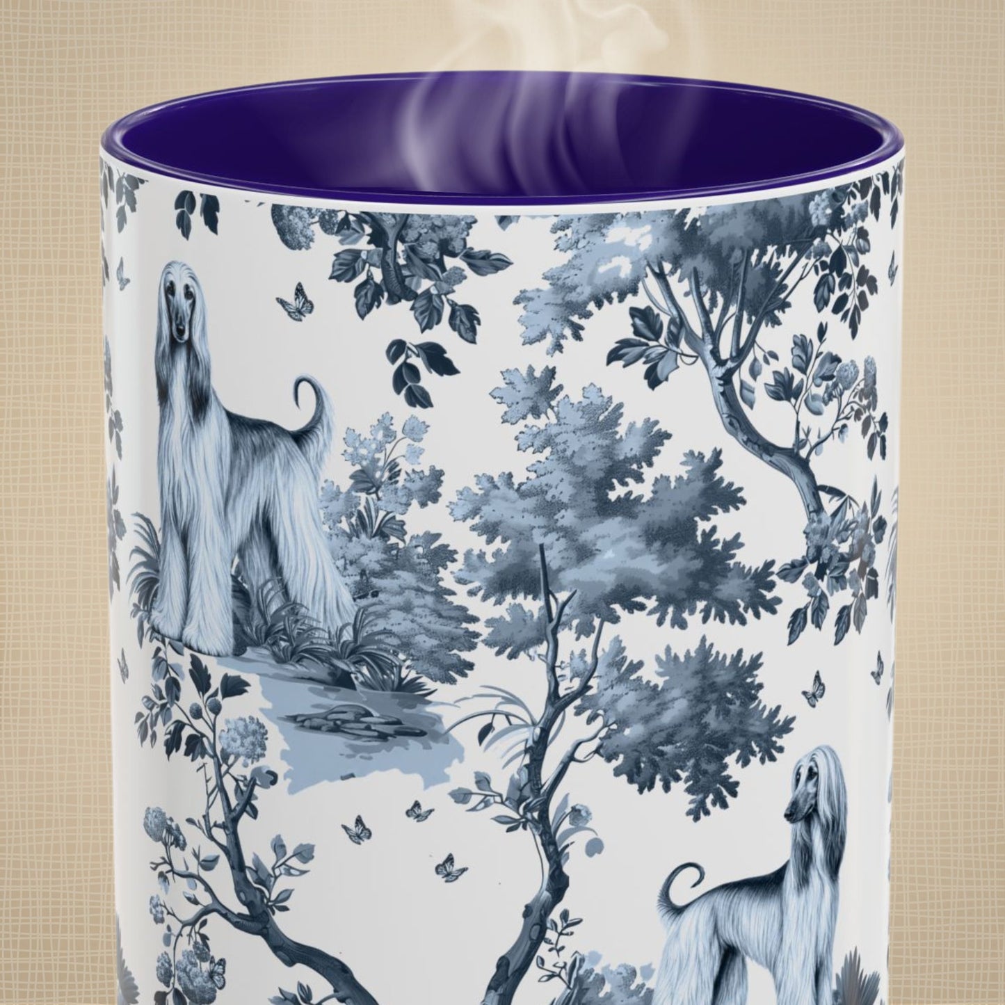 Close-up of the blue toile pattern on an Afghan Hound coffee mug