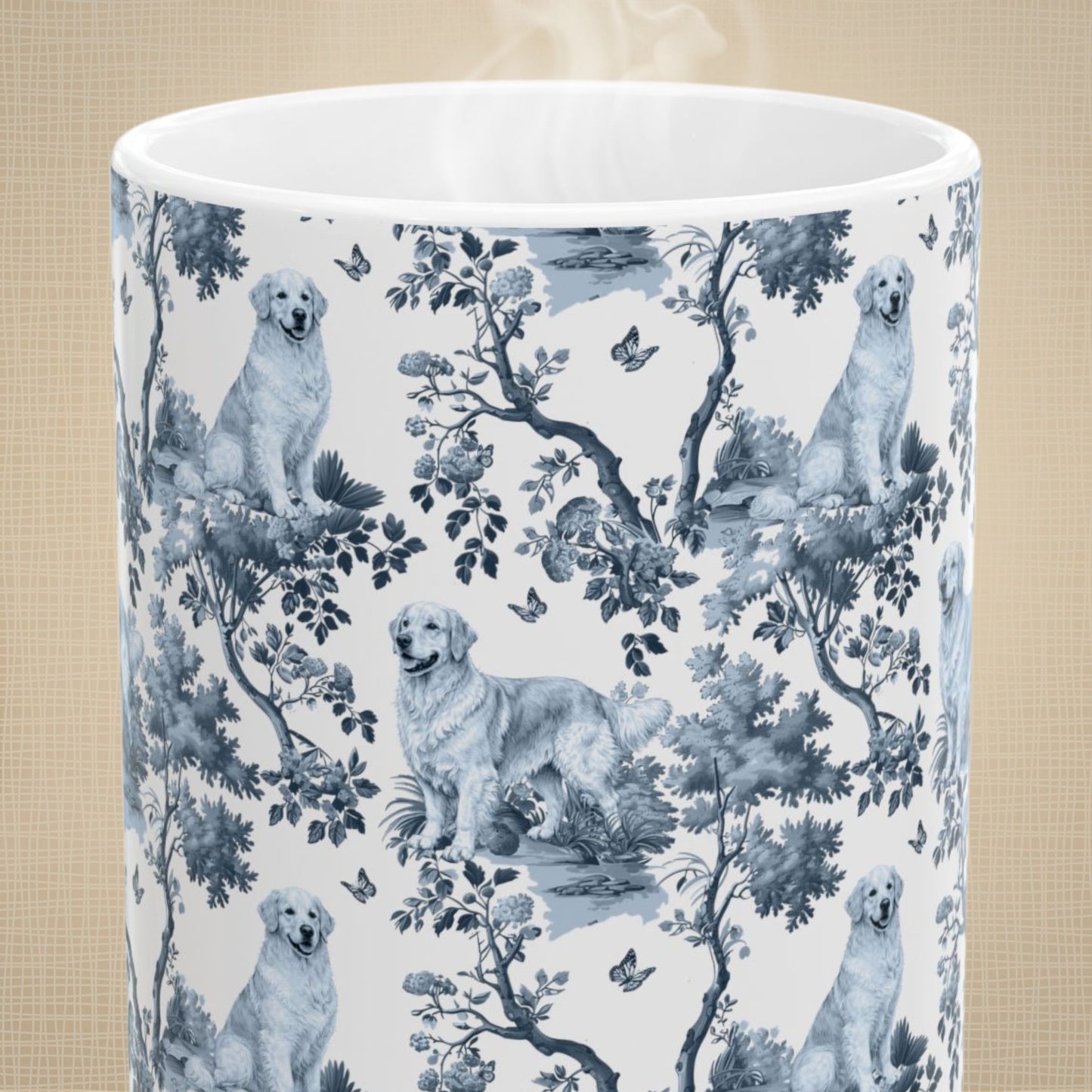 Golden Retriever Mug - Blue Toile Pattern