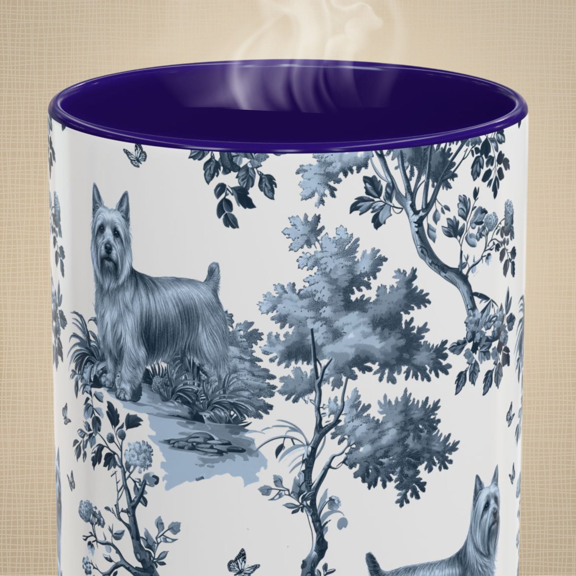 Close-up of the blue toile pattern on a Silky Terrier coffee mug