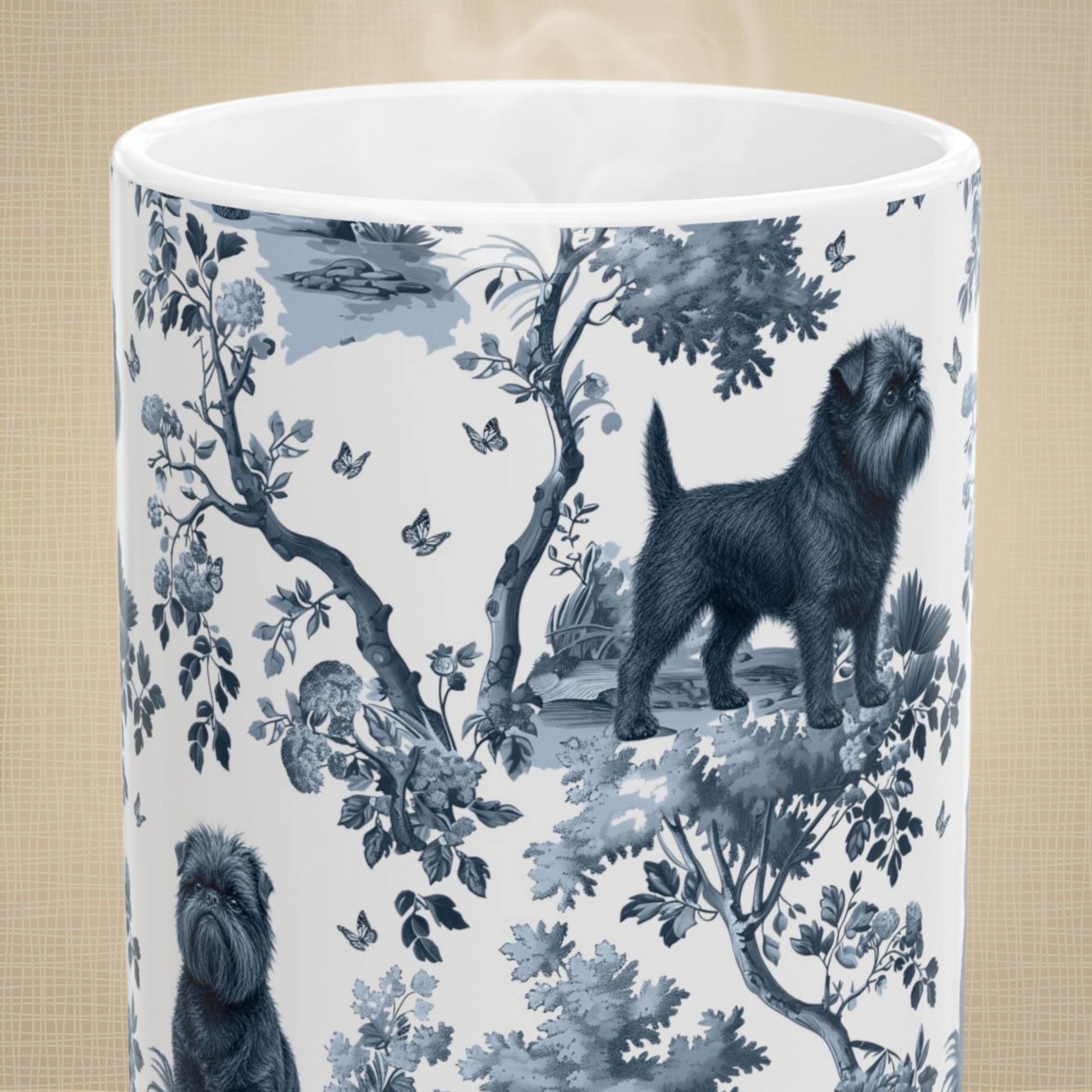 Affenpinscher blue toile white handle mug design shown close up