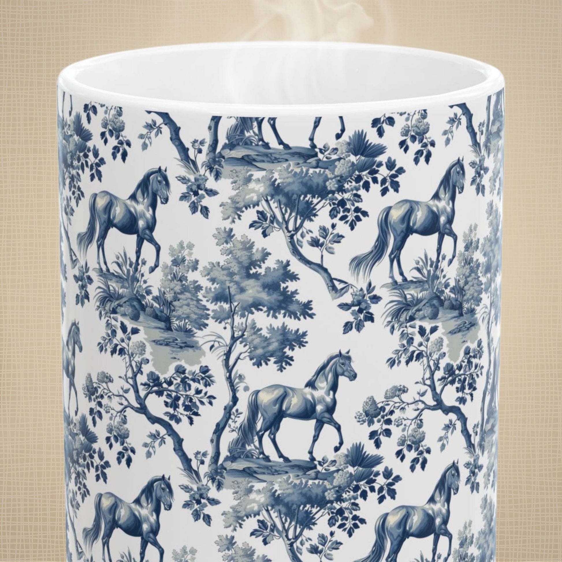Close-up of the classic blue toile pattern on a Horse coffee mug