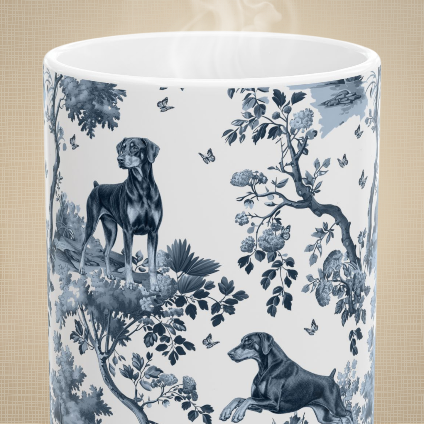 Doberman (Drop Ear) Mug - Blue Toile Pattern
