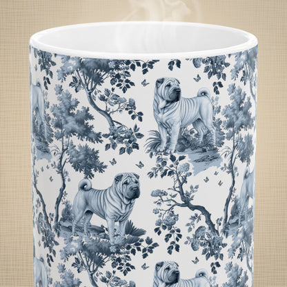 Close-up of the blue toile pattern on a Chinese Shar-Pei coffee mug
