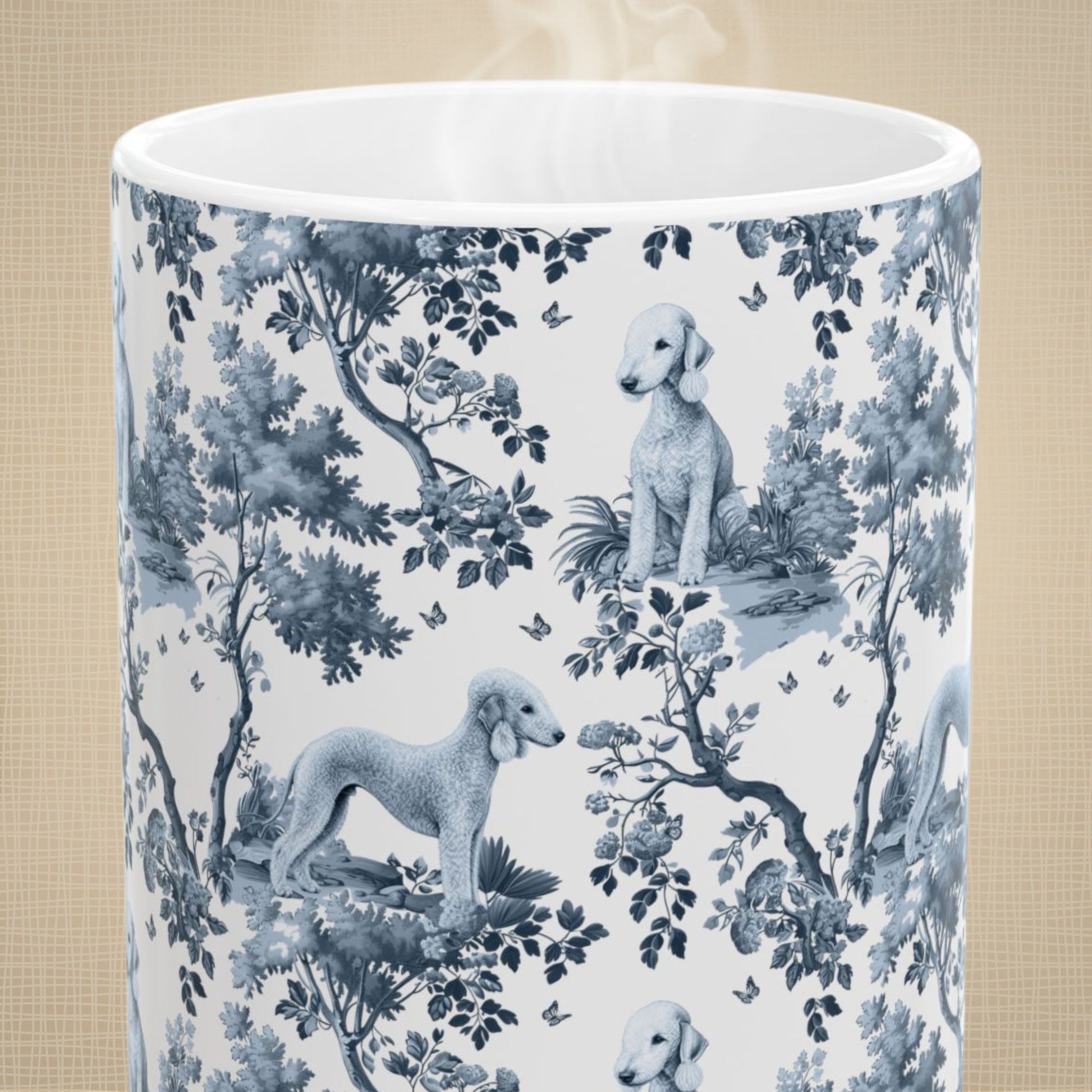 Close-up of the blue toile pattern on a Bedlington Terrier coffee mug