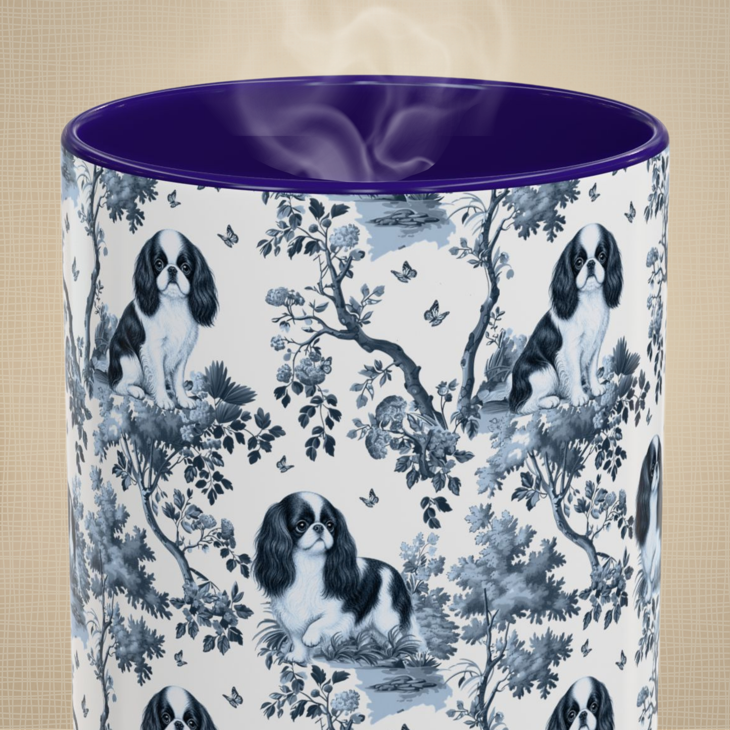 English Toy Spaniel blue toile mug design shown close up