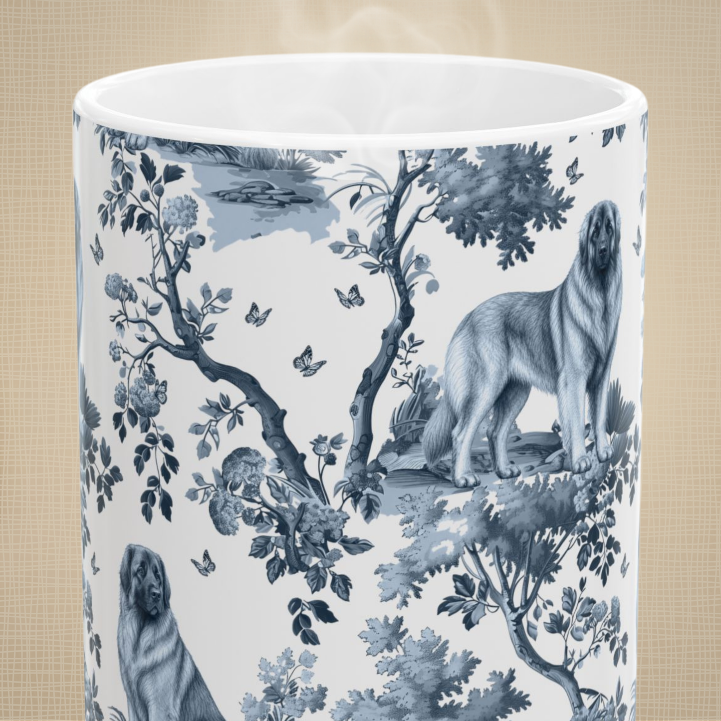 Leonberger blue toile white handle mug design shown close up