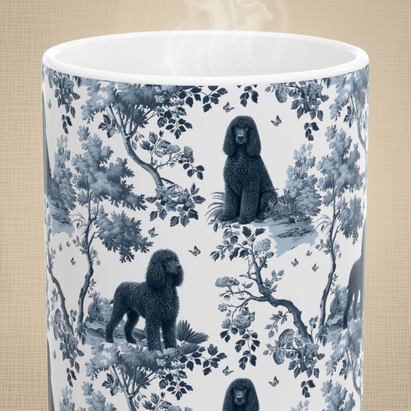 Close-up of the blue toile pattern on an Irish Water Spaniel coffee mug