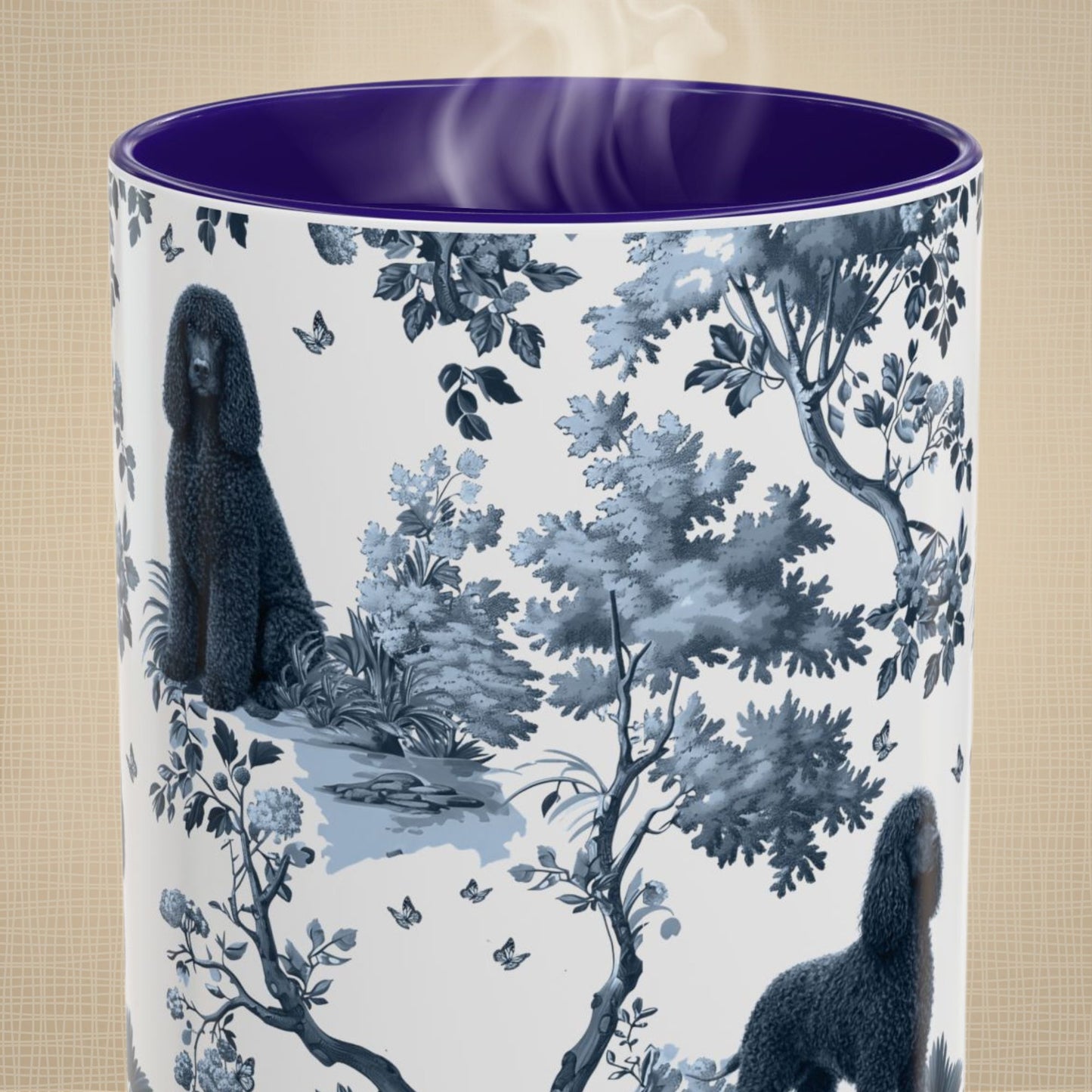 Close-up of the blue toile pattern on an Irish Water Spaniel coffee mug