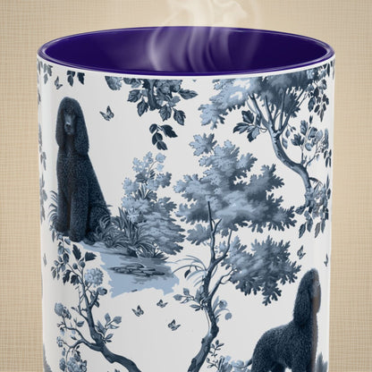 Close-up of the blue toile pattern on an Irish Water Spaniel coffee mug