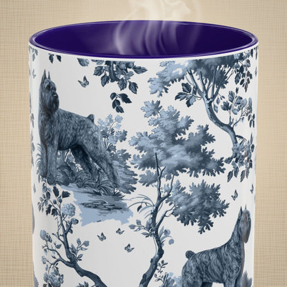 Close-up of the blue toile pattern on a Bouvier des Flandres coffee mug