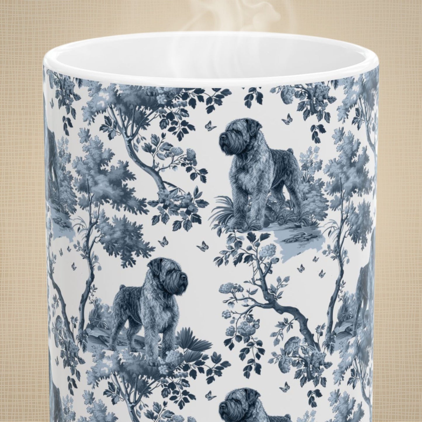 Close-up of the blue toile pattern on a Bouvier des Flandres coffee mug