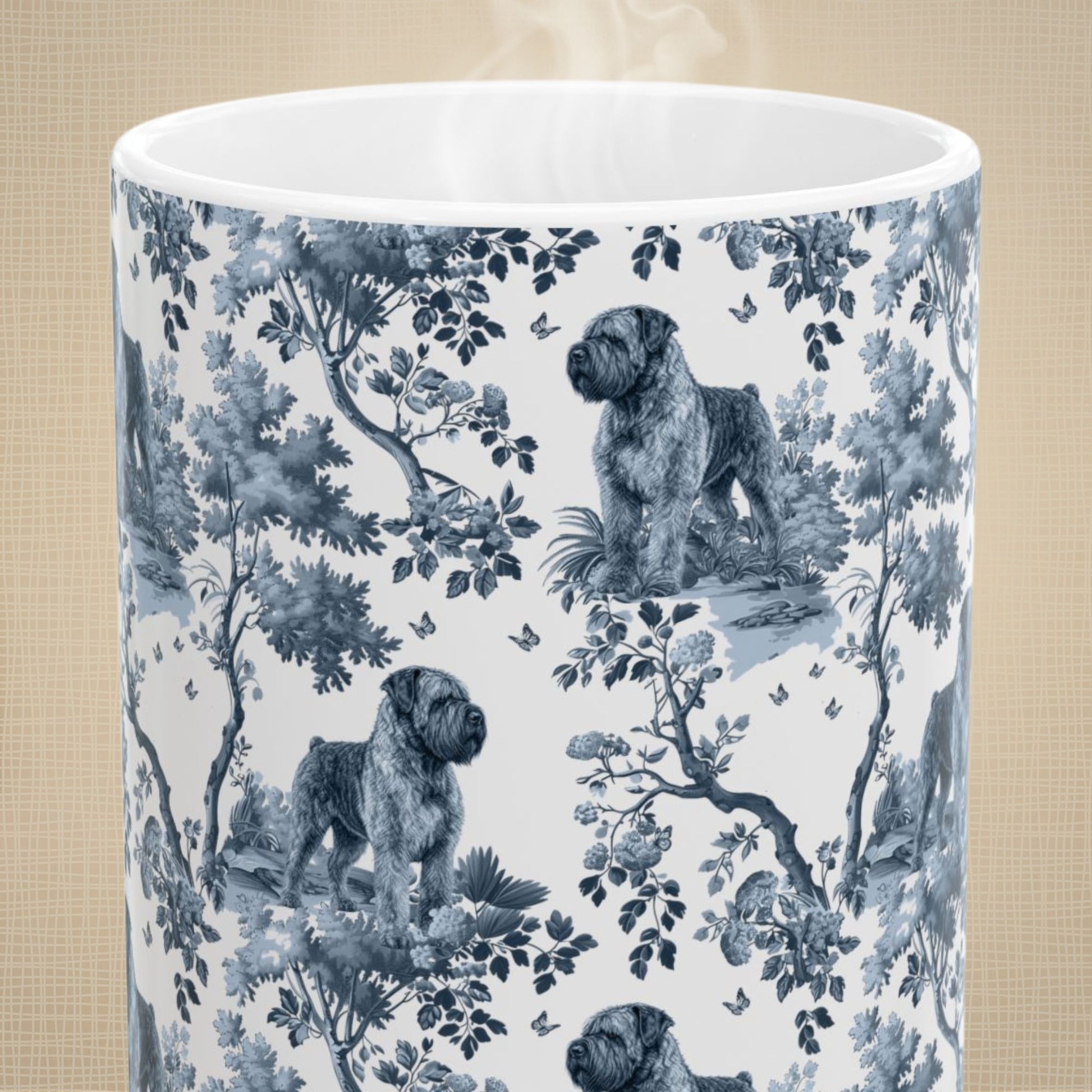 Close-up of the blue toile pattern on a Bouvier des Flandres coffee mug