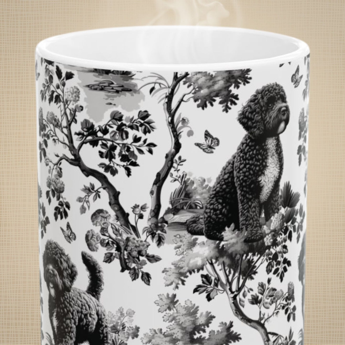 Close-up of the black toile pattern on a Portuguese Water Dog coffee mug
