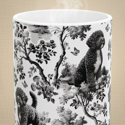 Close-up of the black toile pattern on a Portuguese Water Dog coffee mug