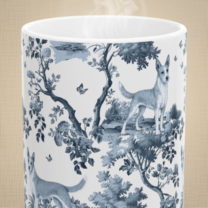 Close-up of the blue toile pattern on a Portuguese Podengo coffee mug
