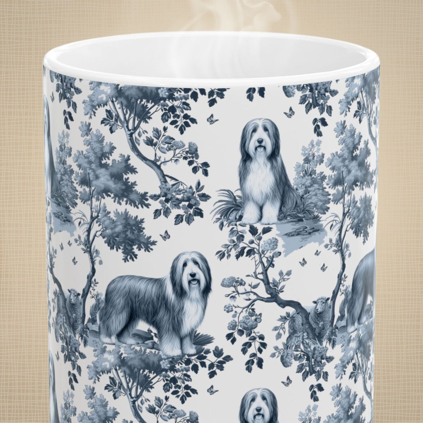 Close-up of the blue toile pattern on a Bearded Collie coffee mug