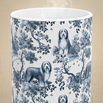 Close-up of the blue toile pattern on a Bearded Collie coffee mug