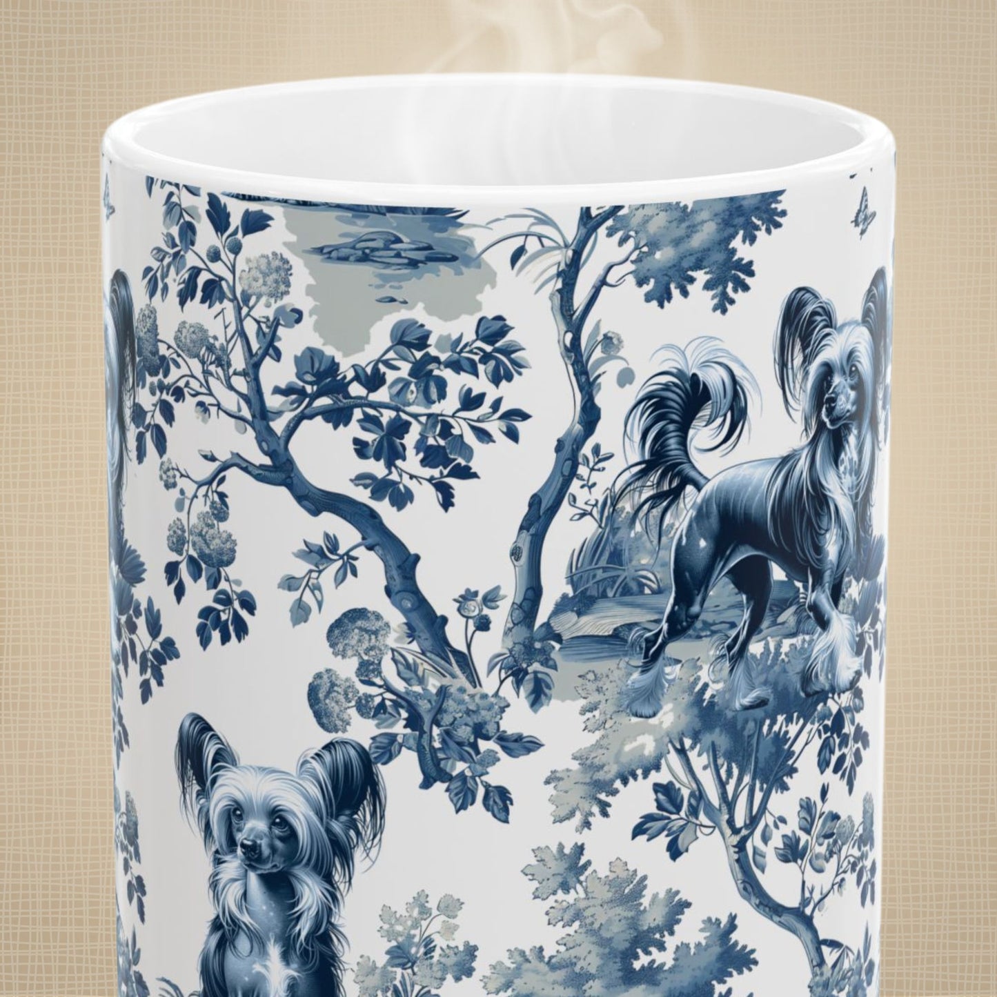 Chinese Crested Mug for Dog Mom, French Toile Dog Coffee Cup, Elegant Chinoiserie Tea Cup Gift for Dog Lover
