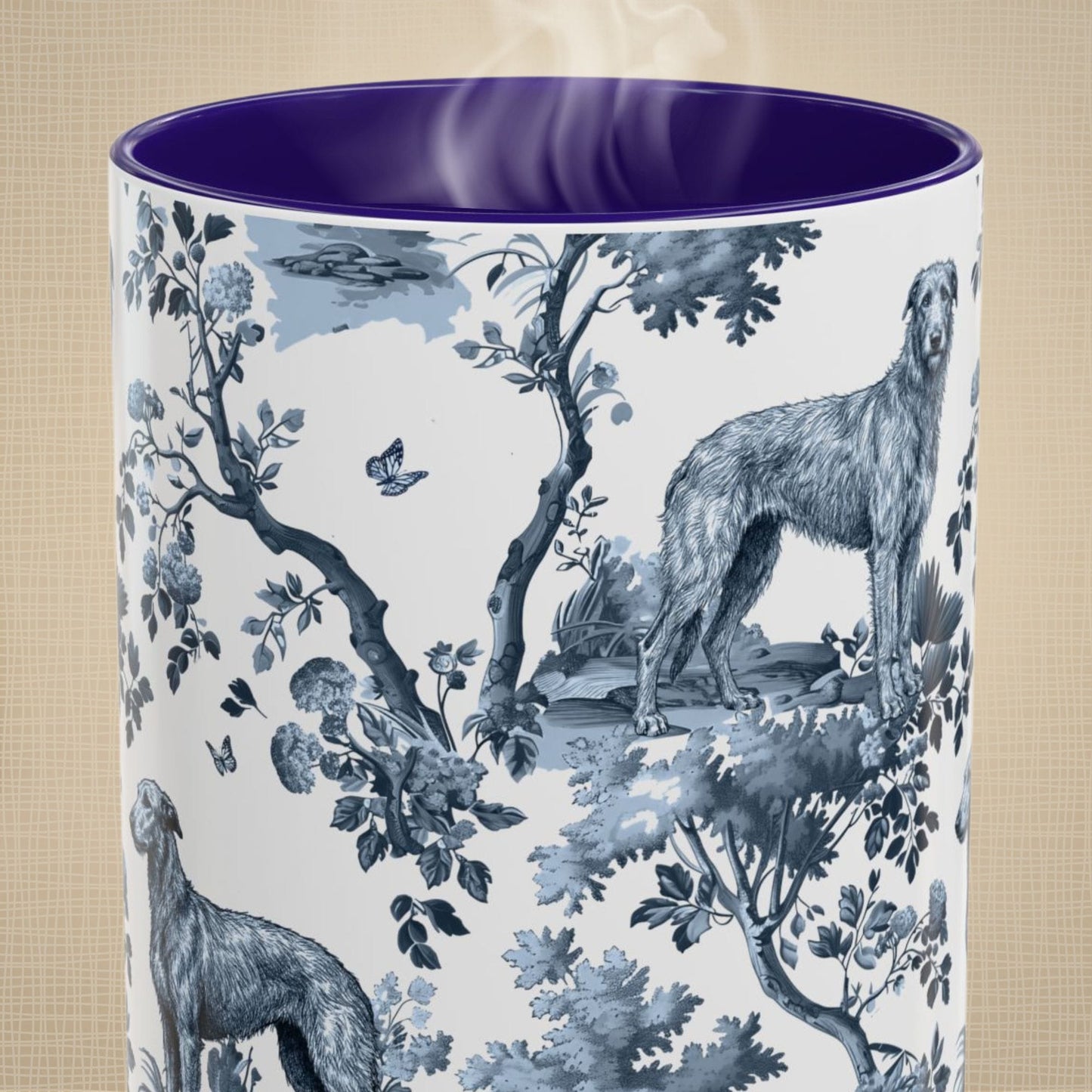 Close-up of the blue toile pattern on a Scottish Deerhound coffee mug