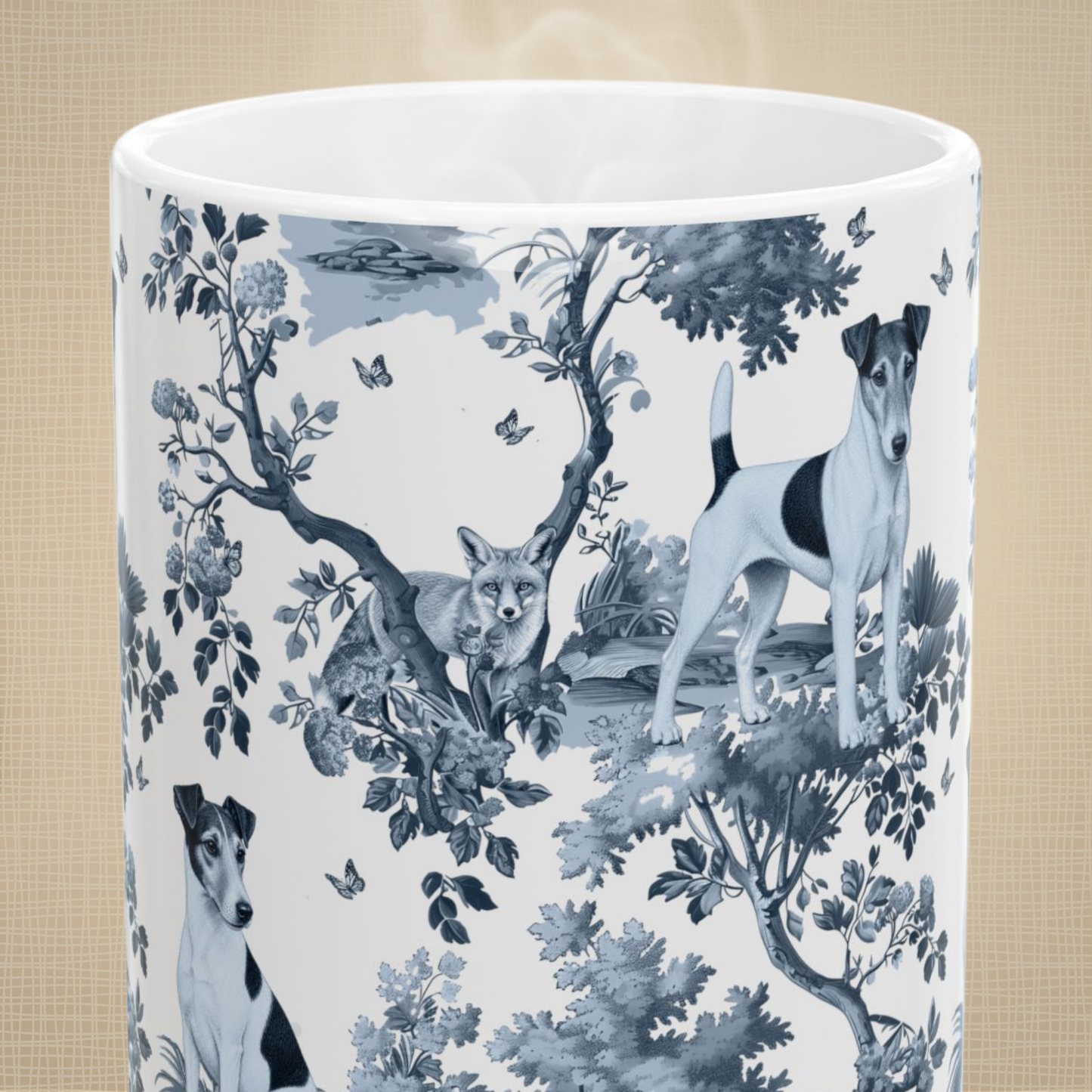 Japanese Chin blue toile white handle mug design shown close up