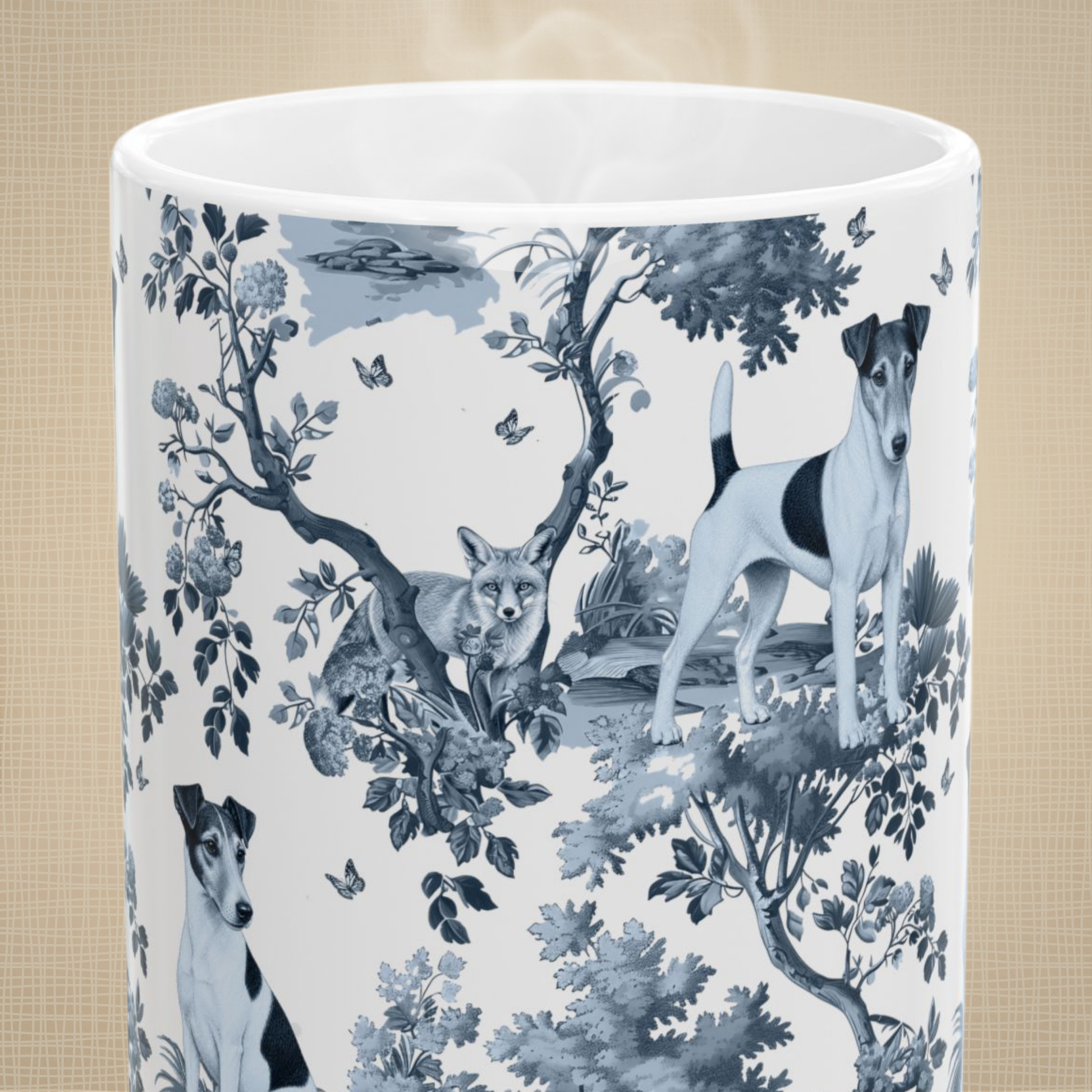 Japanese Chin blue toile white handle mug design shown close up