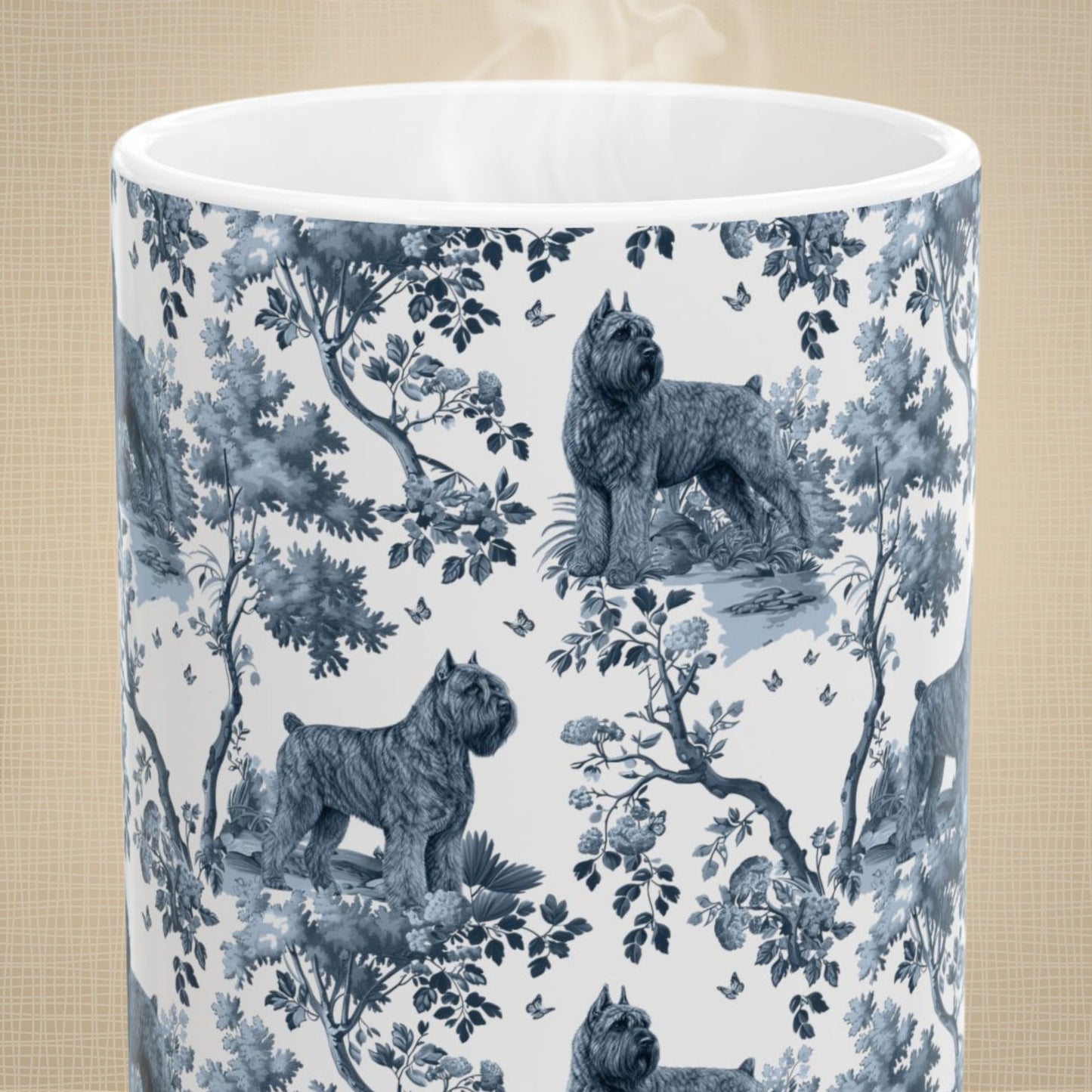 Close-up of the blue toile pattern on a Bouvier des Flandres coffee mug