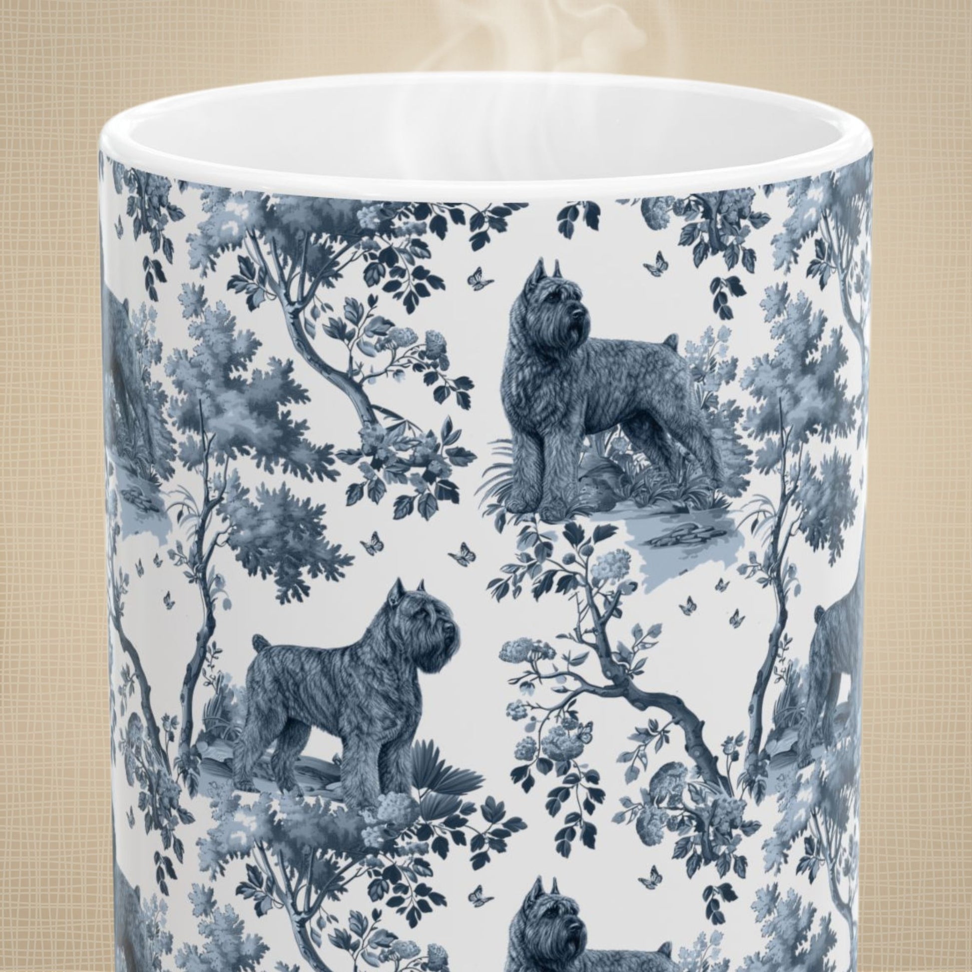 Close-up of the blue toile pattern on a Bouvier des Flandres coffee mug