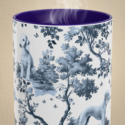 Close-up of the blue toile pattern on a Bedlington Terrier coffee mug