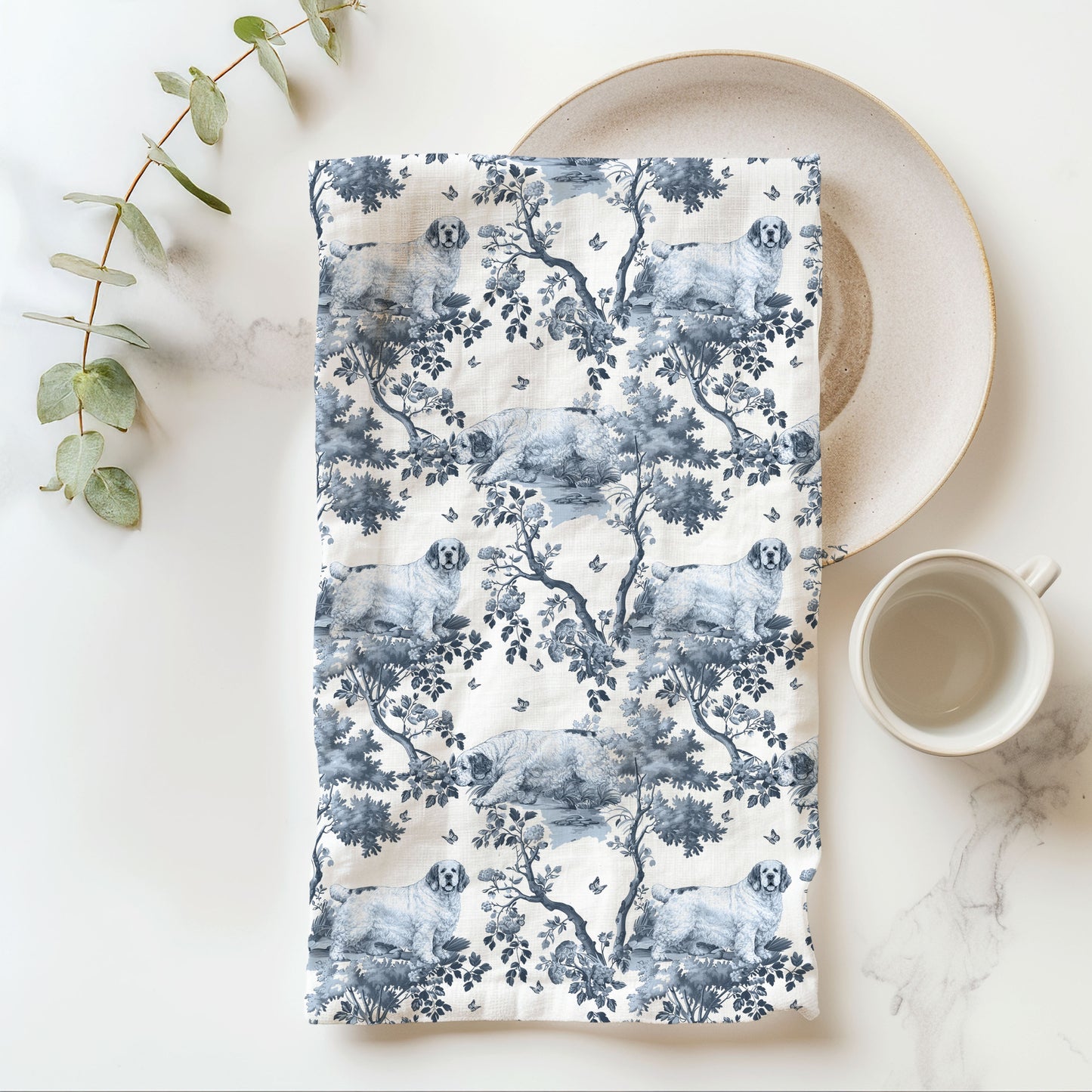 Clumber Spaniel Cotton Tea Towels - Toile Pattern