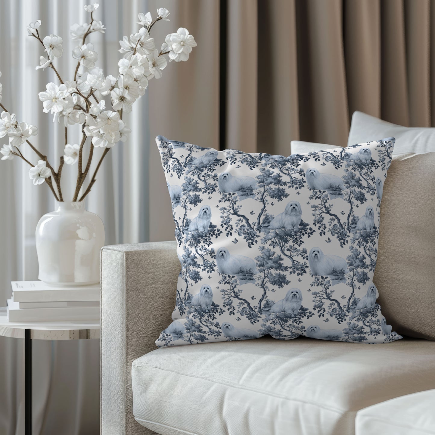 Coton de Tulear Pillow Cover - Blue Toile Pattern