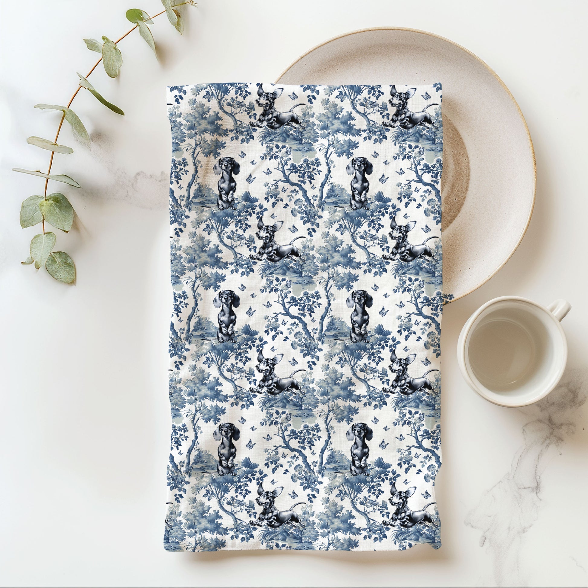 Dachshund blue toile cotton tea towel