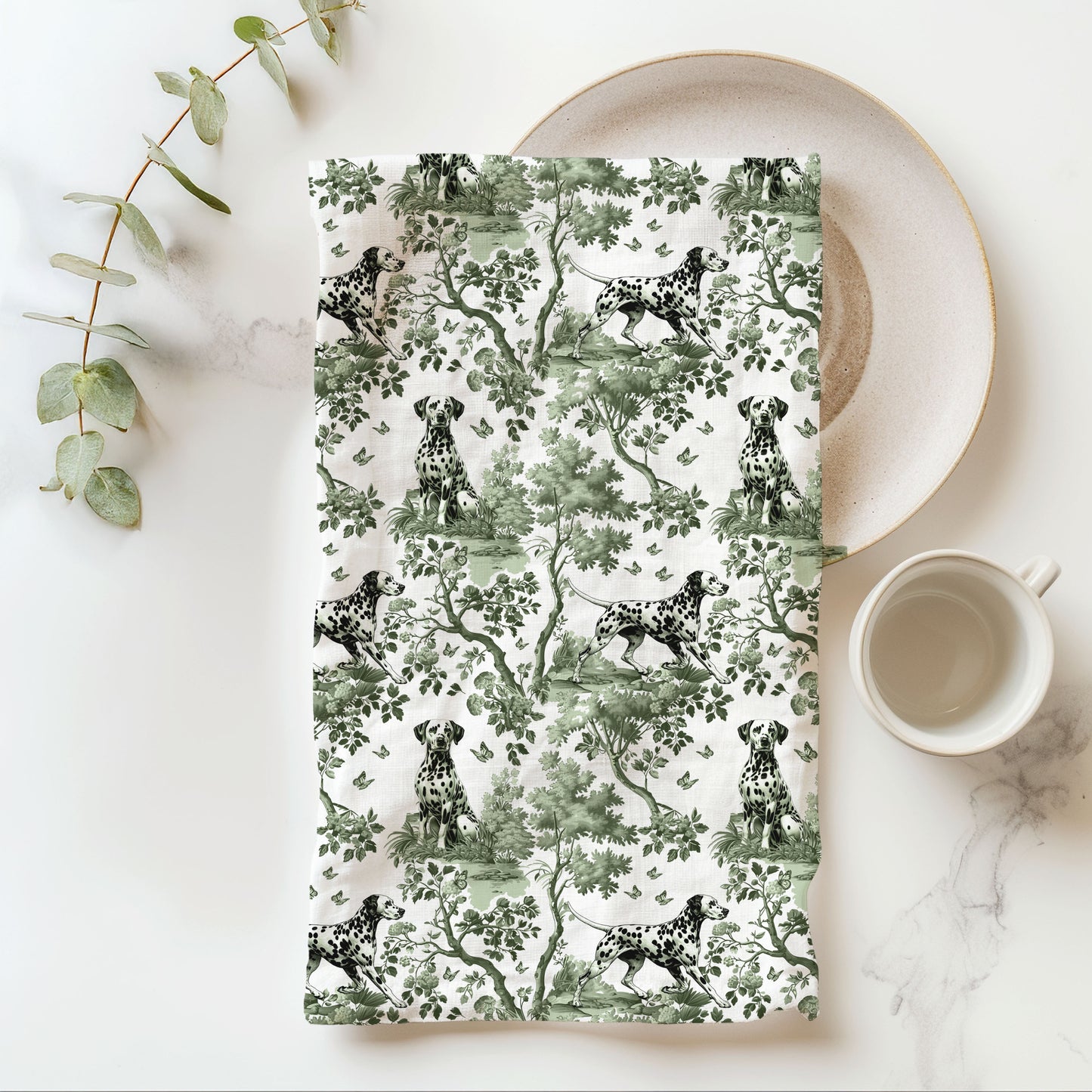 Dalmatian Cotton Tea Towels -  Sage Green Toile Pattern