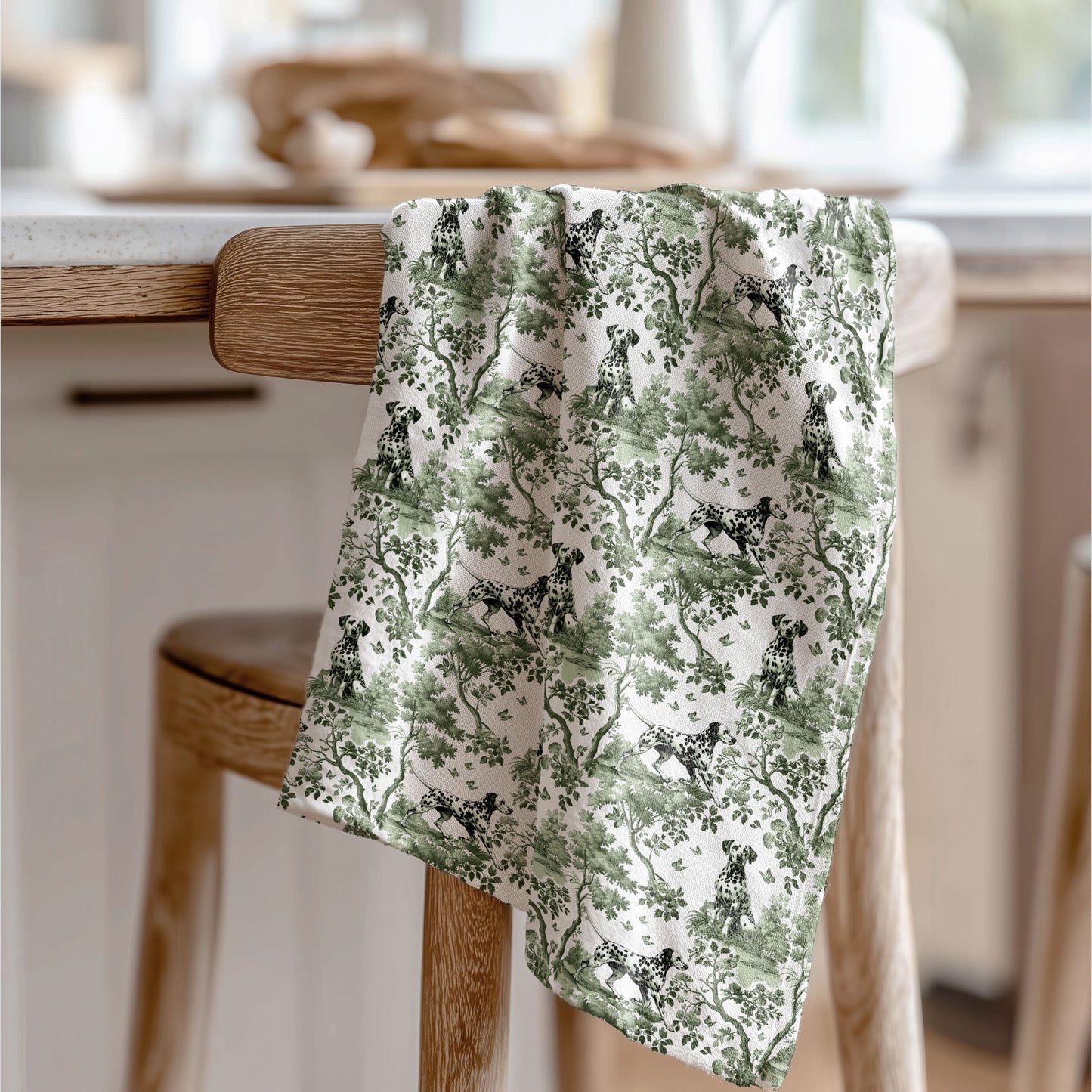 Dalmatian Cotton Tea Towels -  Sage Green Toile Pattern