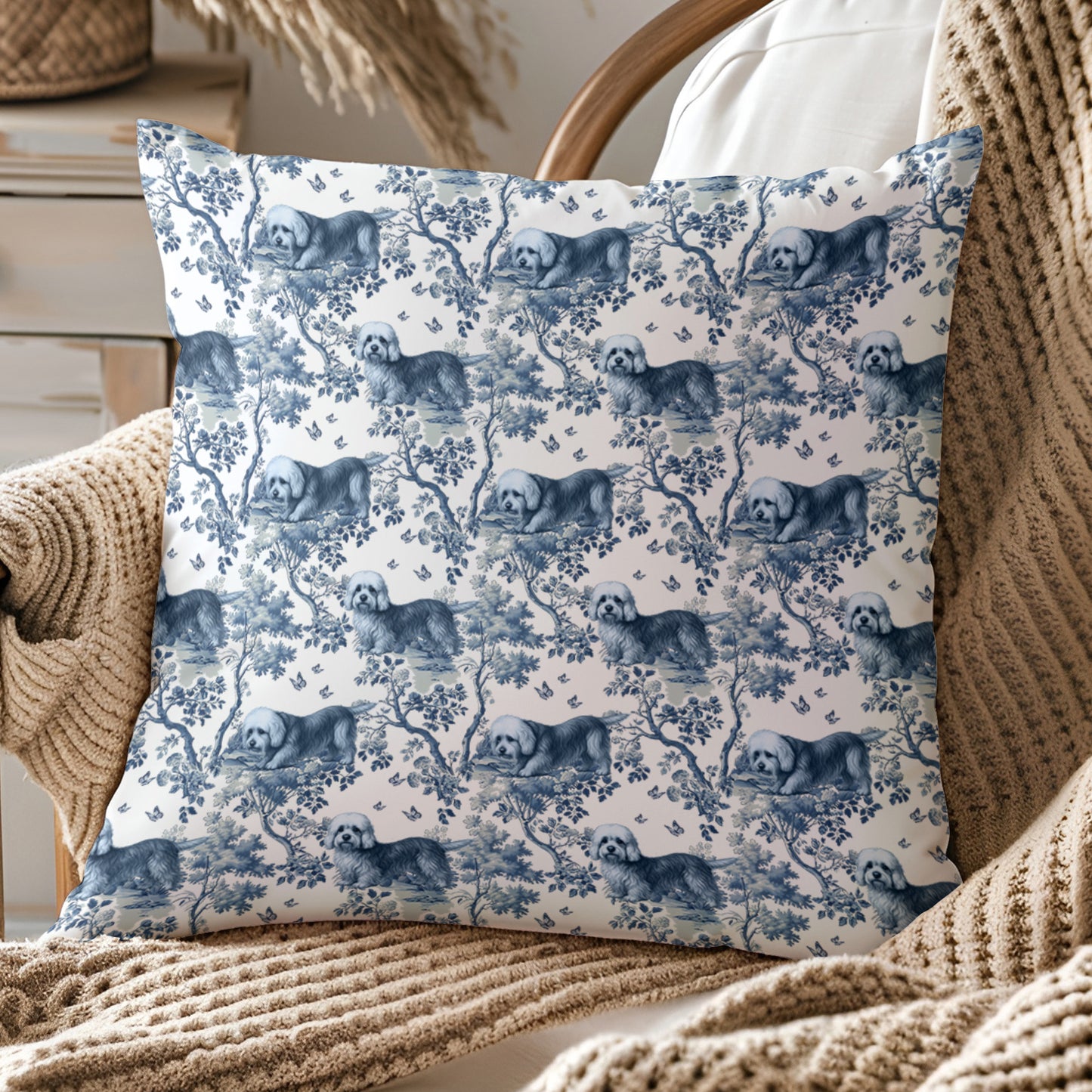 Dande Dinmont Terrier Pillow Cover - Blue Toile Pattern