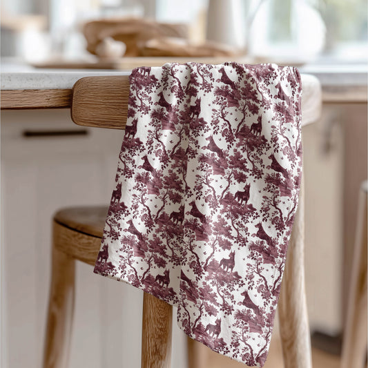 Doberman Pinscher Cranberry Toile tea towel