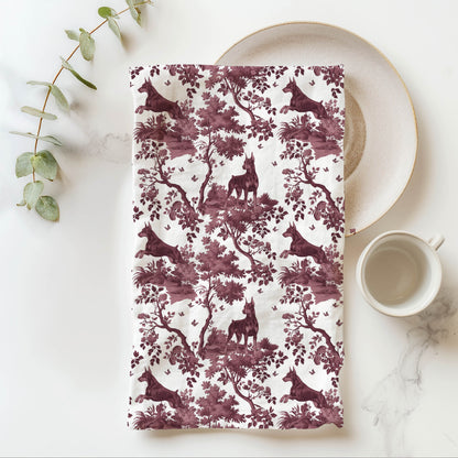 Doberman Pinscher Cranberry Toile tea towel