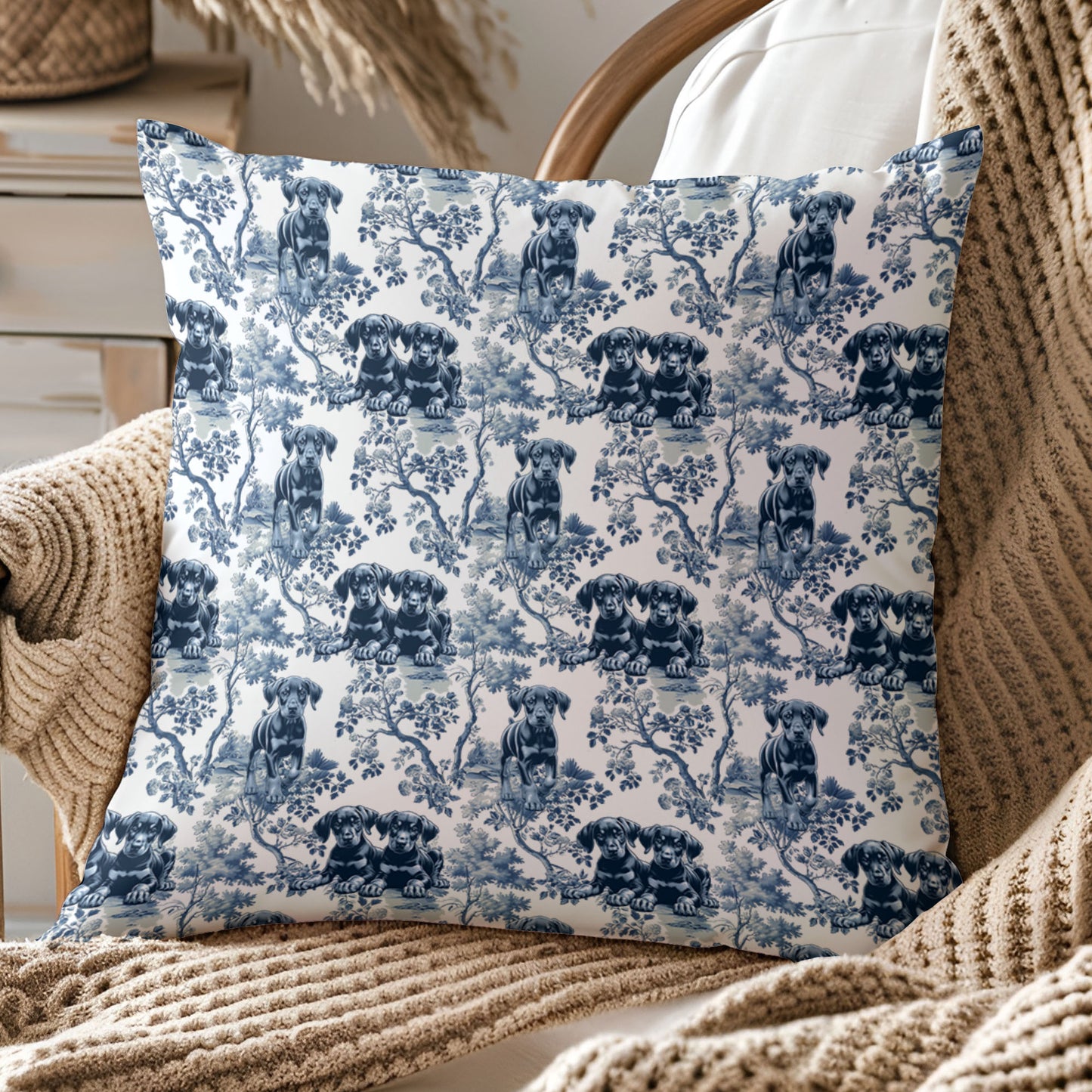 Doberman Puppy Pillow Cover - Blue Toile Pattern