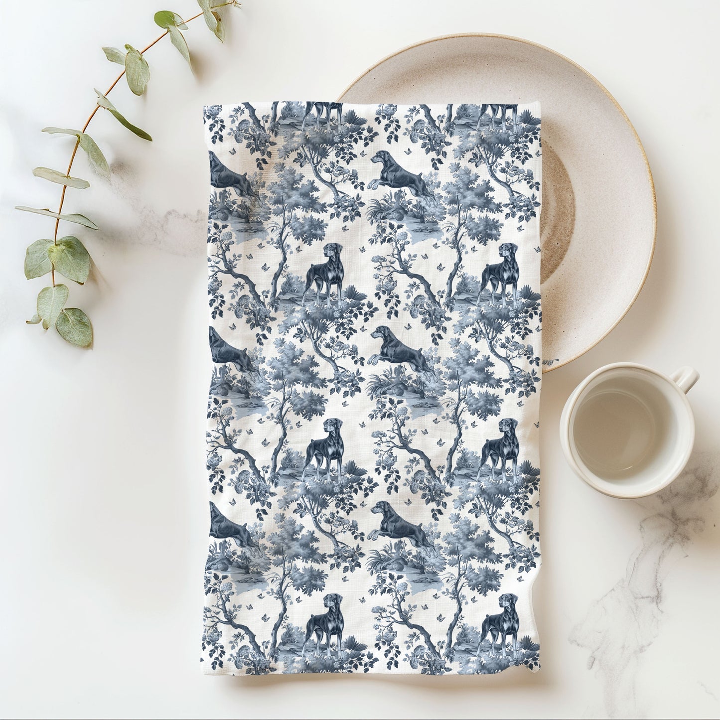 Doberman (Drop Ear) Cotton Tea Towels - Toile Pattern