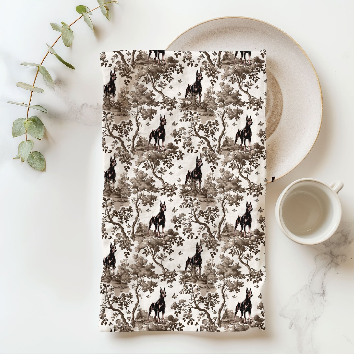 Doberman Cotton Tea Towels - Brown Toile Pattern