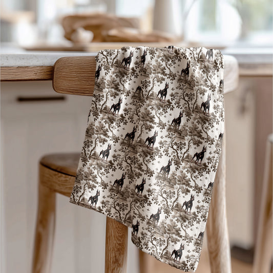 Doberman Cotton Tea Towels - Brown Toile Pattern