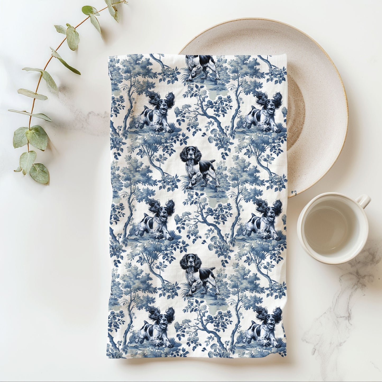 English Springer Spaniel Cotton Tea Towels -Toile Pattern