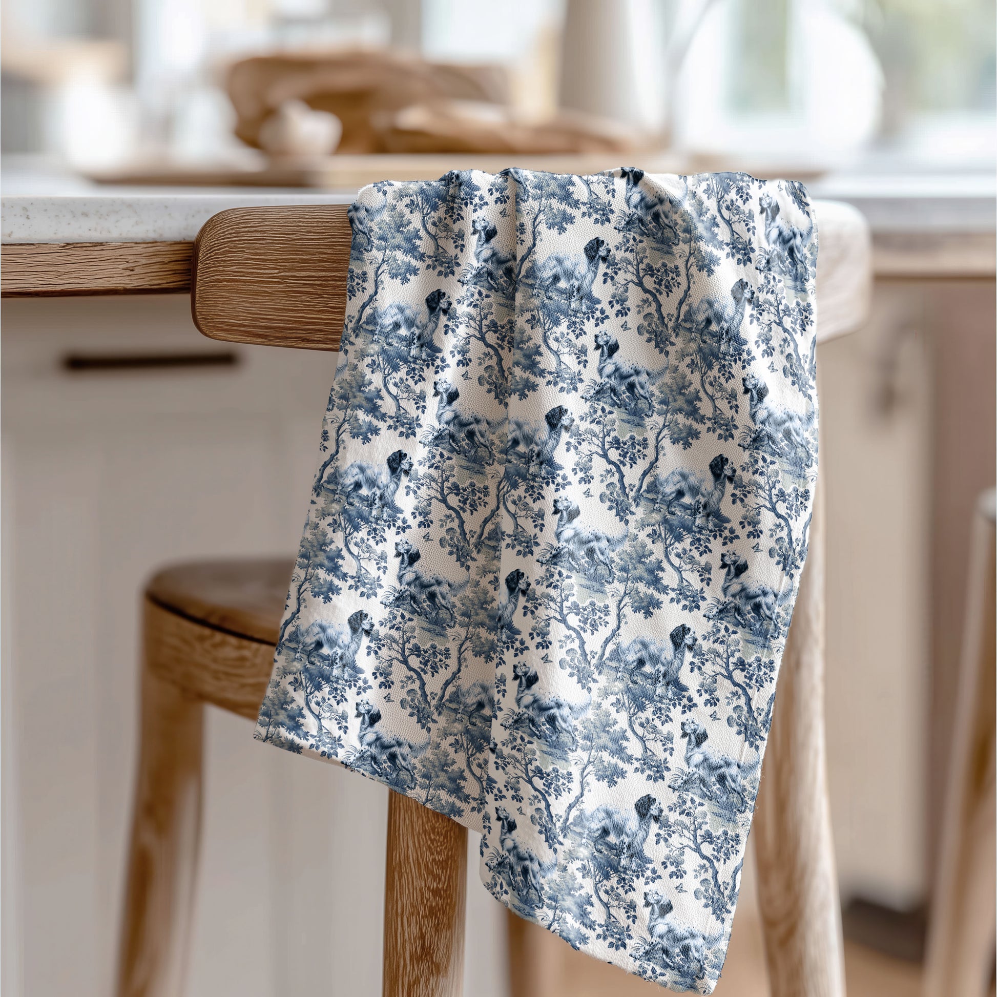 English Setter blue toile tea towel displayed in a kitchen