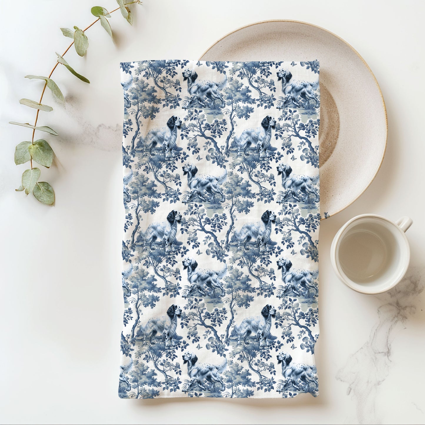 English Setter blue toile cotton tea towel