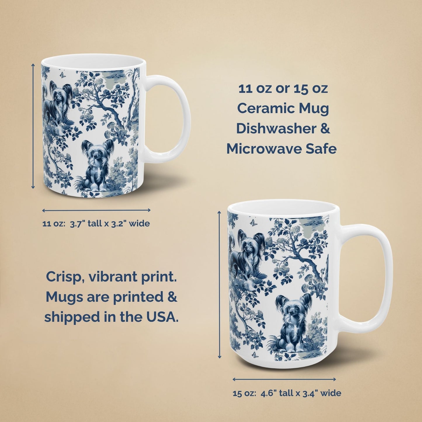 Chinese Crested Mug for Dog Mom, French Toile Dog Coffee Cup, Elegant Chinoiserie Tea Cup Gift for Dog Lover